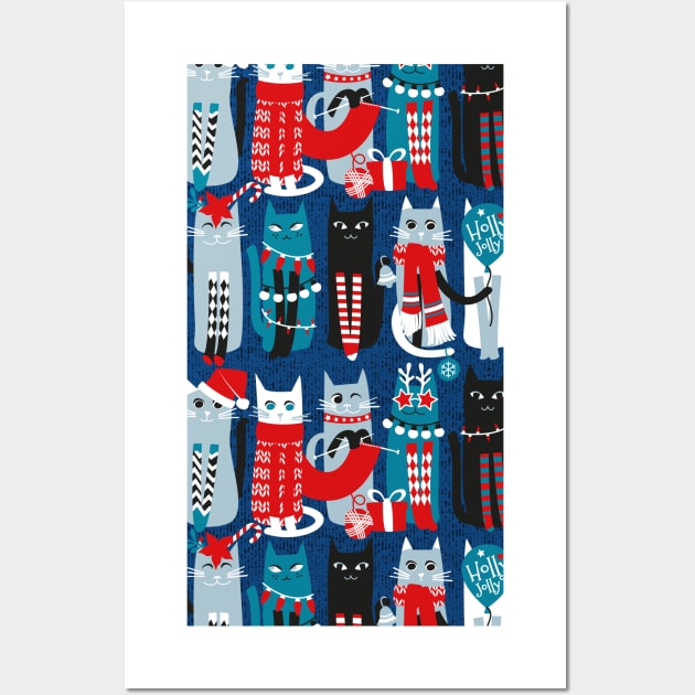 Feline Christmas vibes // pattern // blue background blue white and black kittens Wall Art by SelmaCardoso